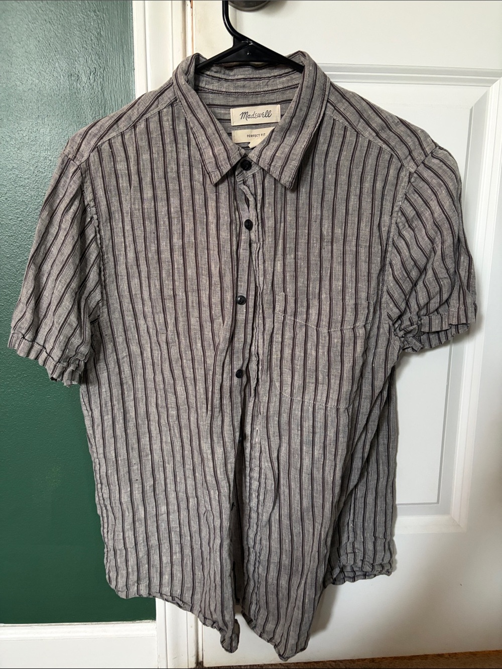 Madewell Men's Gray Vertical-Striped Short Sleeve Button-Down
